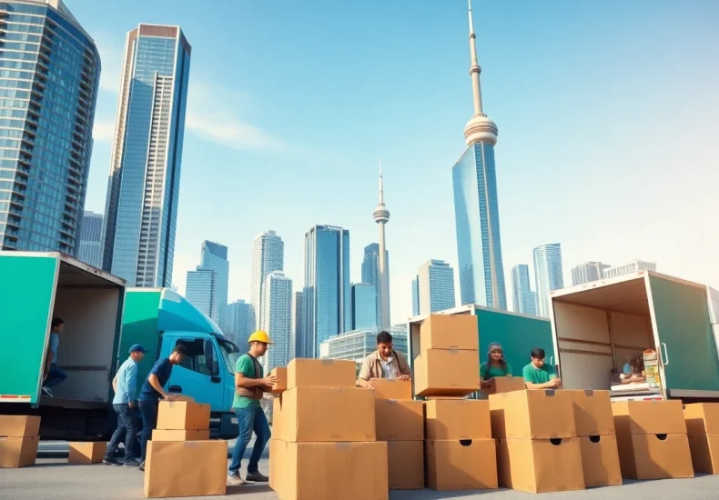 Toronto moving team efficiently packing and loading boxes in the vibrant urban setting of Toronto.