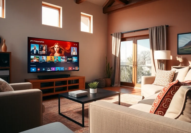 Comprar IPTV en un entorno acogedor de sala de estar con una pantalla grande.