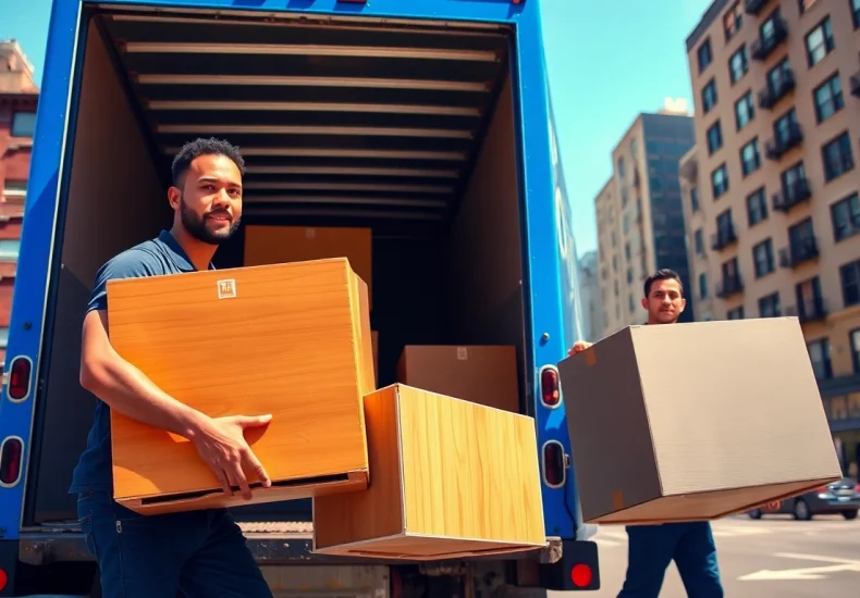 Bronx movers demonstrating professionalism while loading a moving truck in a bustling city setting.