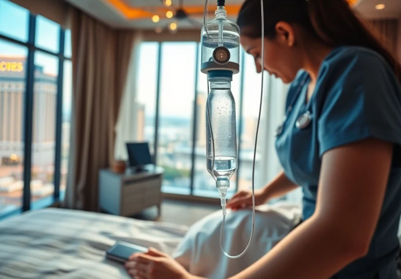 Receiving a vegas iv treatment in a luxurious hotel room, highlighting comfort and health.
