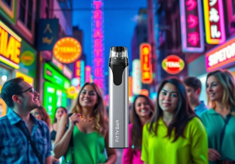 Vibrant depiction of the FIFTY BAR 6.5K disposable vape device in a lively urban setting