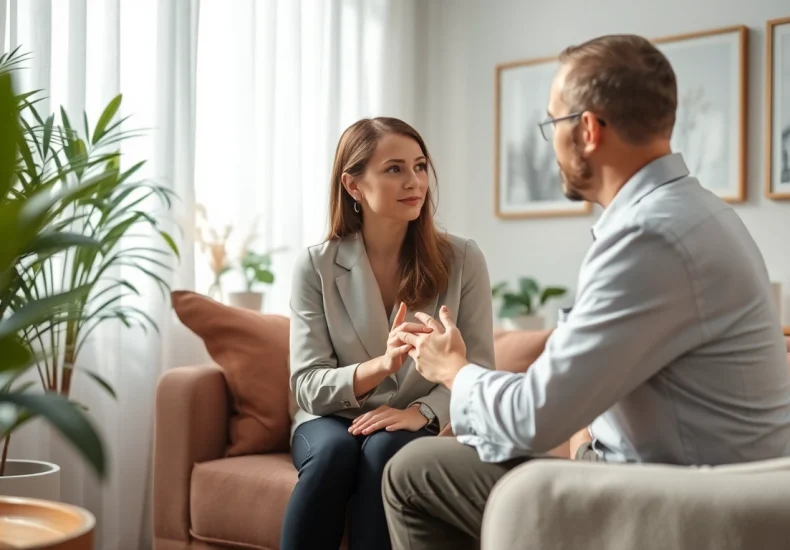 Addressing anxiety with a compassionate therapist in a calming office environment.