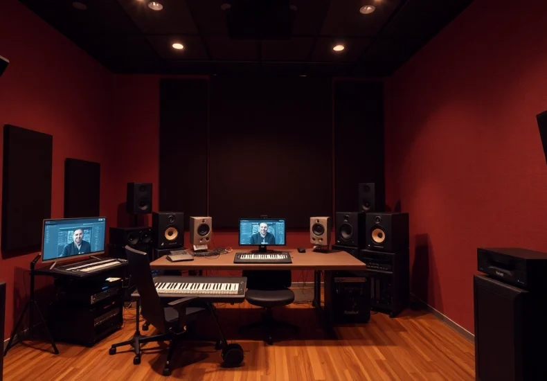 Mayorista de Sonido, Audio y Producción mostrando una amplia gama de equipos de audio y sonido en un estudio profesional.
