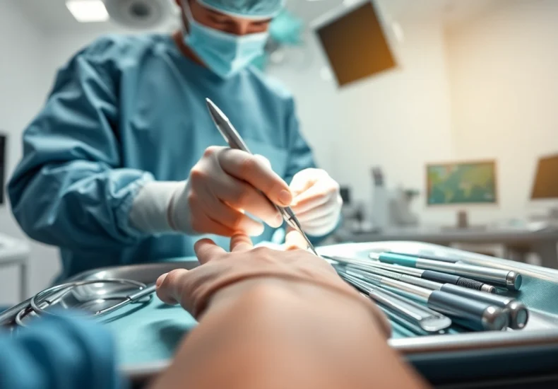 Handchirurgie Braunschweig: Surgeon skillfully performing hand surgery with precision instruments.