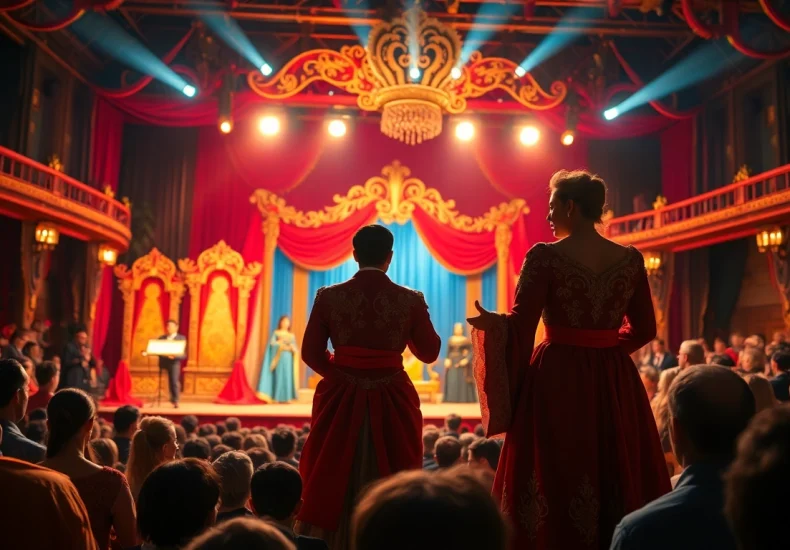 Actors captivating the audience at the firelight theater with a dramatic live performance.