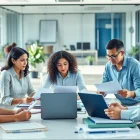 Showcase the QSM document clearing services team collaborating in a professional office environment.