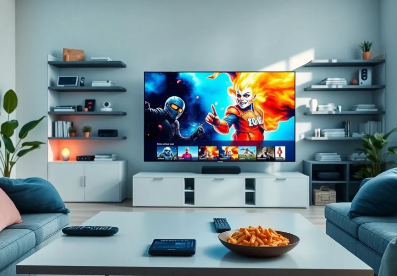 Comprar IPTV en una configuración moderna de entretenimiento digital con un televisor grande.