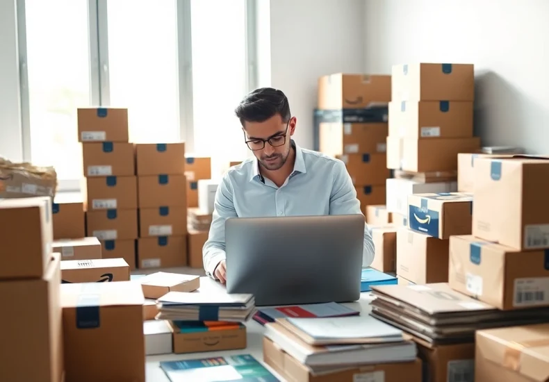 Engaged seller evaluating inventory for their fba wholesale business in a bright workspace.